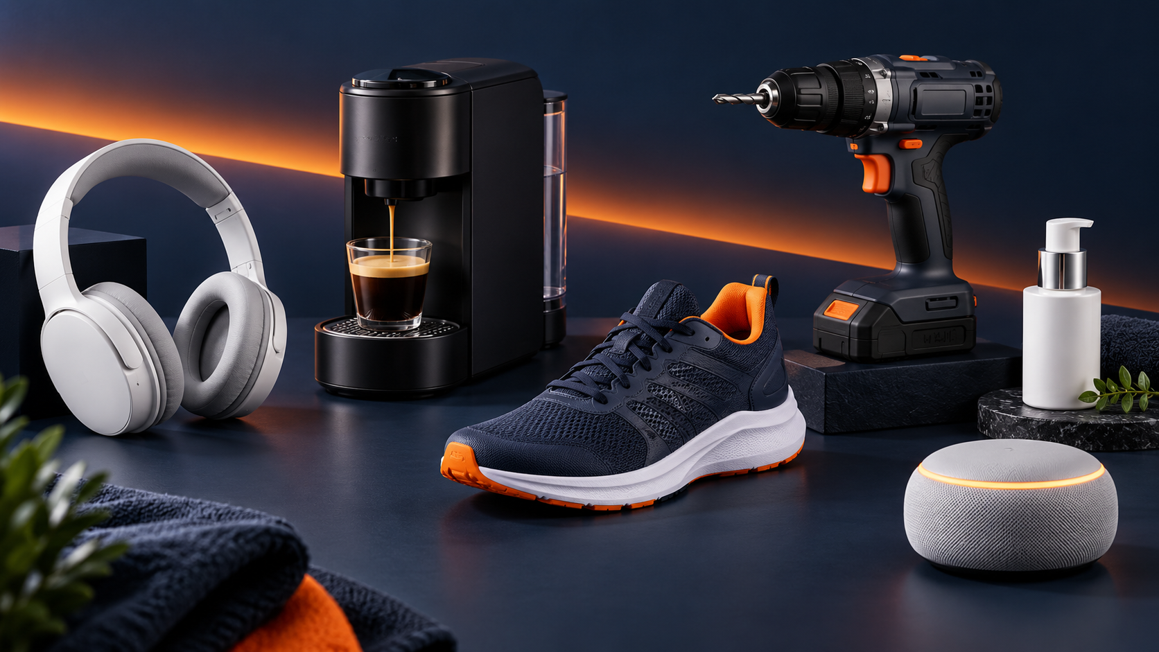Auswahl beliebter Produktkategorien wie Kopfhörer, Kaffeemaschine, Laufschuh und Werkzeug